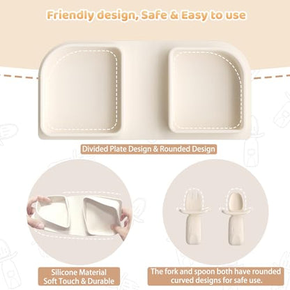 Beige Travel Silicone Foldable Feeding Set, On-the-Go Baby Feeding Supplies Including Toddler Plates, Silicone Baby Spoon&Fork, Adjustable Foldable Bib, Portable Infant Toddler Utensils - color: Beige