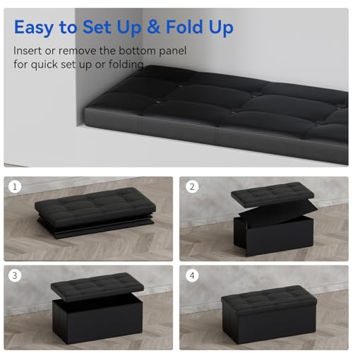 BRIAN & DANY 30 Inches Storage Ottoman Bench, Faux Leather Ottoman with Storage, Folding Bench Shoe, Foot Rest Stool, for Living Room, Black - color: Leather-black