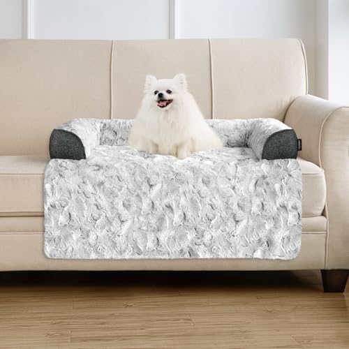 Calming Small Dog Bed for Couch, 35 x 31 inch Removable Couch Cover for Dogs Washable, Non-Slip Fluffy Plush Dog Sofa Mat for Furniture Protector - Grey - color: Grey, size: 35"L x 31"W x 4.5"Th
