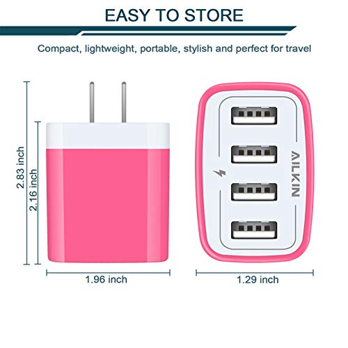 Wall Charger, USB Charger Adapter, 4.8A 4Multi Port Fast Charging Station | Power Base Block Plug Cube Brick for iPhone, iPad, Samsung Galaxy, Moto, Google Pixel, Kindle Fire Plug Cargador Carro - color: Pink
