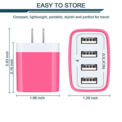 Wall Charger, USB Charger Adapter, 4.8A 4Multi Port Fast Charging Station | Power Base Block Plug Cube Brick for iPhone, iPad, Samsung Galaxy, Moto, Google Pixel, Kindle Fire Plug Cargador Carro - color: Pink