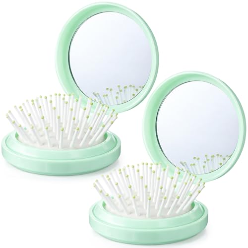 Boao 2 Pack Foldable Travel Mirror Hair Brushes Round Portable Folding Pocket Hair Brush Mini Comb Compact Travel Size Massage Comb for Men Women (Green,Round) - color: Green, style: Round