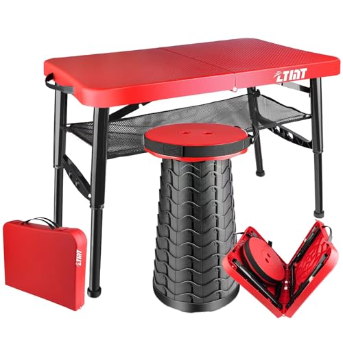 Small Folding Table, Adjustable Height, Camping & Picnic Table, 4 Foot Lightweight - color: Red