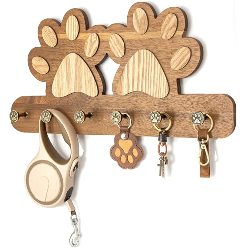 MTERSN Cute Dog Leash Holder for Wall - Dog Stuff Organizer & Key Holder Wall Mount with Floating Shelf and 6 Hooks for Room Decor - Retro Style Gift for Apartment Essentials (Acacia Wood) - color: Acacia