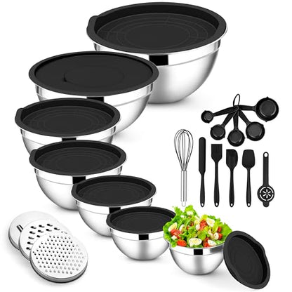E-far Mixing Bowls with Lids Set, 21PCS Stainless Steel Salad Mixing Bowls with 3 Grater Attachments, Size 7, 4.6, 3.5, 2.6, 2, 1.5, 1QT, Nesting Design & Black Airtight Lid, For Baking/Prepping - color: Black, size: 7 Large Sizes