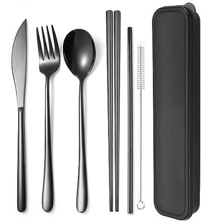 AARAINBOW 6 Pieces 18/8 Stainless Steel Flatware Set Portable Reusable Cutlery Set Travel Utensils Set Including Chopsticks Knife Fork Spoon Straws Cleaning Brush Dishwasher Safe (Black) - color: Black