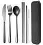 AARAINBOW 6 Pieces 18/8 Stainless Steel Flatware Set Portable Reusable Cutlery Set Travel Utensils Set Including Chopsticks Knife Fork Spoon Straws Cleaning Brush Dishwasher Safe (Black) - color: Black