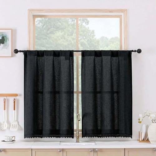 Chyhomenyc Lace Short Kitchen Curtains 36 Inch Length - Light Filtering Faux Linen Living Room Half Window Curtains, Farmhouse Vintage Boho Curtain for Bathroom Cabinet, 26Wx36L, 2 Pieces, Black - color: Black, size: 26"W x 36"L (Pack of 2)