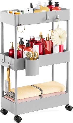 Pipishell Slim Storage Cart with Wheels - 3 Tier Bathroom Organizers and Storage Cart - Rolling Carts for Bathroom, Kitchen, Narrow Space, Laundry Room,Gray - color: Gray, size: 3-Tier