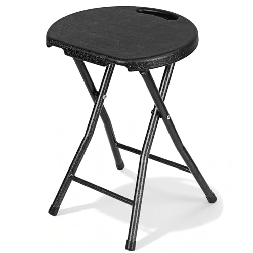 VECELO Folding Stool 18" with Handle, Solid Bottom Support, Iron X-Frame, 500 lbs Capacity, Anti-Slip Feet, Easy Clean, Lightweight Foldable Stool for Camping, Kitchen, Vanity and Outdoor, Black - color: Black, size: Set of 1