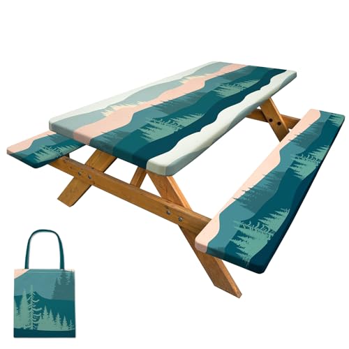 Picnic Table Cover with Bench Covers Camping Tablecloth with Storage Bag Windproof Waterproof Picnic Table Covers with Elastic for Camping - color: Green Orange, size: 72x30in