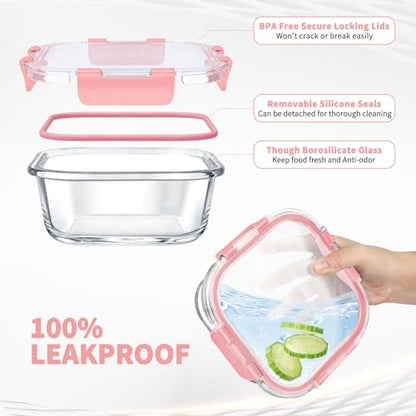 34pcs Glass Food Storage Containers with Lids Set, Airtight Glass Meal Prep Containers (17 Containers & 17 Lids), Leak Proof Lunch Container BPA-Free, Microwave, Oven, Freezer, Dishwasher Safe-PINK - color: PINK