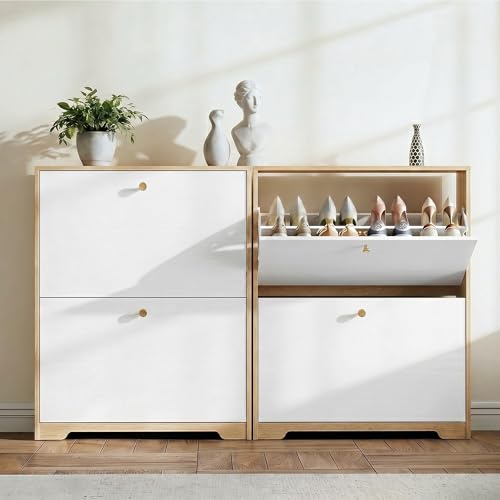 Nicetree Shoe Cabinet with 2 Flip Drawers, Narrow Shoe Organizer Cabinet, Freestanding Shoe Rack Cabinet, Modern Shoe Storage Cabinet for Entryway, Hallway, Foyer, Natural Oak and White with Hook - color: Natural Oak and White, style: 2-Drawers with Hook