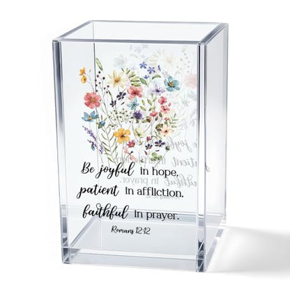 Be Joyful in Hope, Patient in Affliction Romans 12:12 Acrylic Cosmetic Pencil Pen Holder Cup, Christian Verse Pen Holder Cup, Christian Gifts for Women Boss Friend Teacher - style: Be Joyful