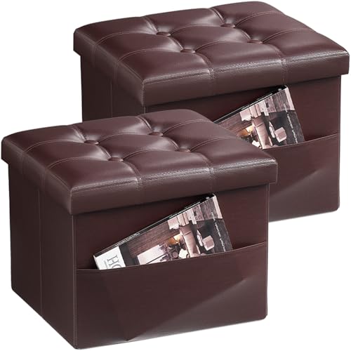 Bsketa Storage Ottoman Foot Rest Stool, Small Leather Storage Ottomans Bench, Folding Footstool with Side Pockets, Foot Rest Under Desk for Living Room Bedroom, 16x12x12 in, Brown 2 Pack - color: Brown 2 Pack-with Side Pockets.