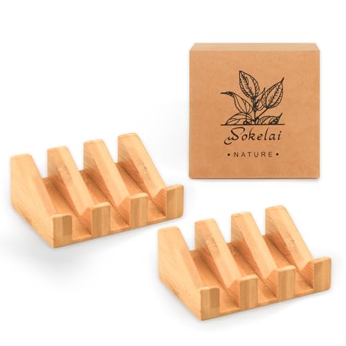 Shampoo Bar and Sponge Holders for Shower – Self-Draining Bamboo Soap Dish Tray, 2 Pack Wooden Soap Saver Racks for Conditioner Bars, Razor, Sink, Bathroom, Kitchen, or Travel