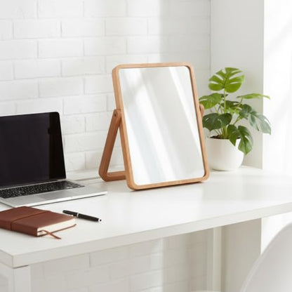 ZOROSY Desk Makeup Mirrors with Wood - Rectangle Wall-Mounted Mirrors Table Mirrors for Living Room Bedroom Birthday Gifts (10.5" L x 7.8" W)