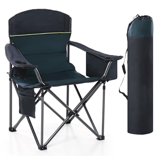 HIGH POINT SPORTS Camping Folding Chair, Heavy Duty Oversized Portable Outdoor Chair, Foldable Camp Chair with Cup Holder and Cooler Bag Support 450 LBS, Green… - color: Green, size: Single Pack