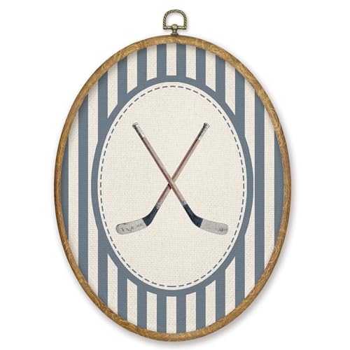 CGBHW Vintage Hockey Nursery Oval Wall Art Decor Products, Kids Canvas Prints Framed, Blue Striped Hockey Sticks Sports Wall Art Hanging Decor Home for Kids Boy Nursery Room Bedroom Playroom, 8.6x11.4 Inch - color: Colour08