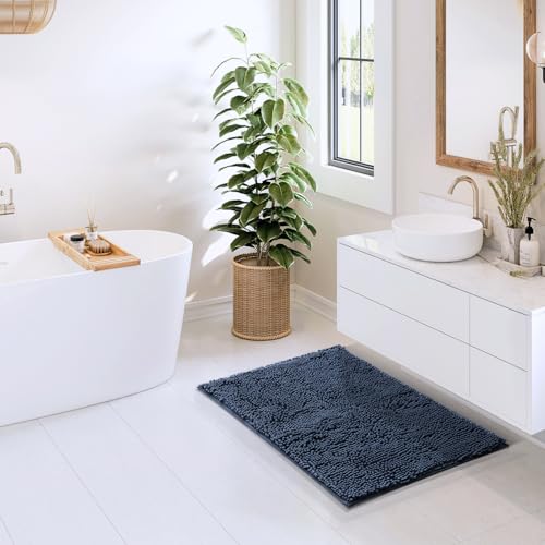Hearth & Harbor Bathroom Rugs, Chenille Bath Mat - Machine Washable Bath Mats for Bathroom Non-Slip Backing Rubber, Quick Dry Bathroom Mat - color: Navy Blue, style: 20 x 32