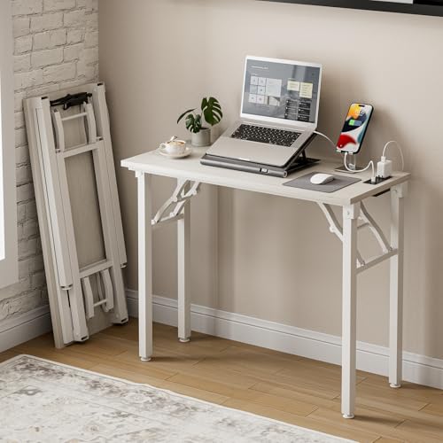 Frylr Small Folding Computer Desk – 35.8 Inch Portable Table for Craft and Study, Lightweight Desk for Small Spaces, Foldable Laptop Table Built-in AC/USB Outlets for Convenience, White Ash - color: White Ash, size: 35.8 X 15.7 Inch, style: With Power Out