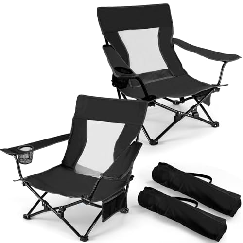 Joyfair Beach Camping Chair (2 Pack), Outdoor Folding Chair for Adults, Heavy Duty Portable Chair for Outside Fishing, Lawn, Sport, Patio, Armrest Cup Holder & Storage Pocket, Carry Bag (Black) - color: Black