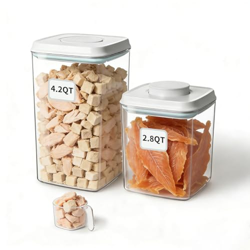 Dog Food Storage System with One-Touch Lid & Scoop, Mixed Size Set (2.8 QT / 2.65 L & 4.2 QT / 4.0 L) Cat Food Storage Container，Stackable Durable PET for Kibble, Treats & Complete Feeding - color: 2.8QT+4.2QT