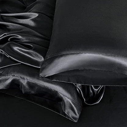 Homiest 3pcs Satin Sheets Set Luxury Silky Satin Bedding Set with Deep Pocket, 1 Fitted Sheet + 1 Flat Sheet + 1 Pillowcase (Twin Size, Black) - color: Black, size: Deep pocket - Twin size
