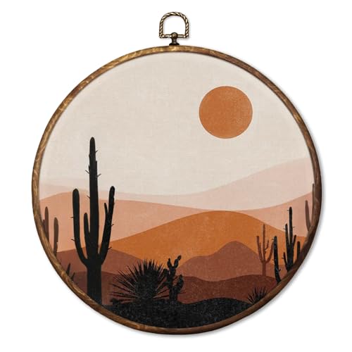 HUGANE Boho Abstract Sun Cactus Desert Western Round Wall Art Decor, Mid Century Modern Southwestern Hanging Canvas Framed Prints Wall Sculptures for Home Bedroom Living Room Decor, 10x10 Inch - color: Colour-4