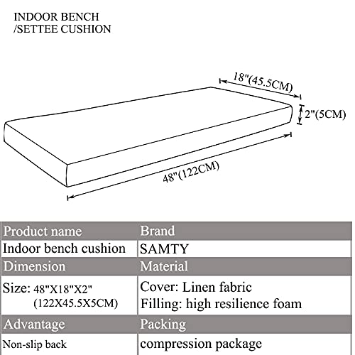 Khaki Bench seat Chair Pads Non-Slip Rubber Back Indoor Swing /Settee Cushion 48inX18inX2in(122X45.5X5CM) - color: Khaki, size: 48"x18"x2"
