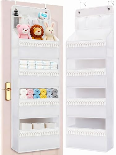 Over Door Organizer - Boho Nursery Hanging Organizer with Tassels -Oxford Behind Door Storage for Bedroom, Bathroom, Closet, Dorm, Pantry, Baby Diapers, Toys, Plush, 4 Tiers, White