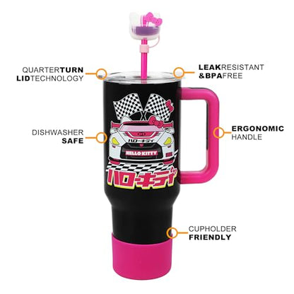 Bioworld Hello Kitty Race Car 40 Oz Black & Pink Stainless Steel Tumbler With Handle - color: Hello Kitty Race Car