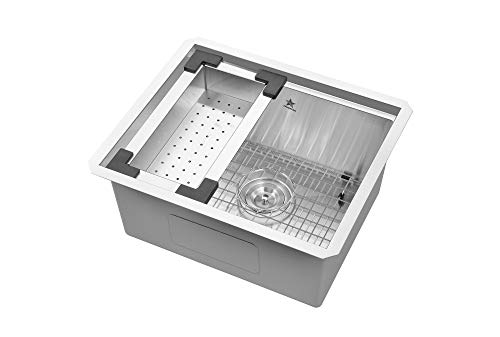 STARSTAR Workstation Ledge Undermount Single Bowl 304 Stainless Steel Kitchen Sink, With Grid, Colander, Cutting Board (21 x 18) - size: 21 x 18