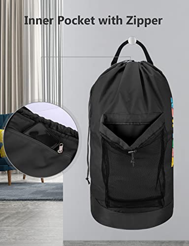 Dalykate Backpack Laundry Bag, Laundry Backpack with Shoulder Straps and Mesh Pocket Nylon Clothes Hamper Bag with Drawstring Closure - color: Black-1