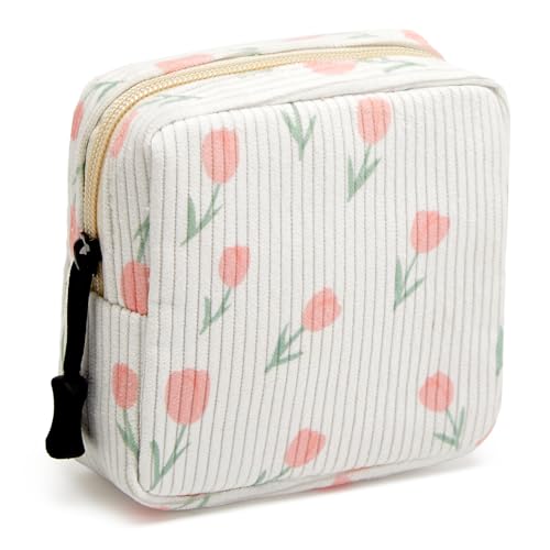 Small Makeup Bag for Purse,Mini Cosmetics Bag cute Zipper corduroy Cosmetic Pouch Storage Pouch Travel Toiletry Organizer for Women Girls(Tulip White) - color: B-Tulip White