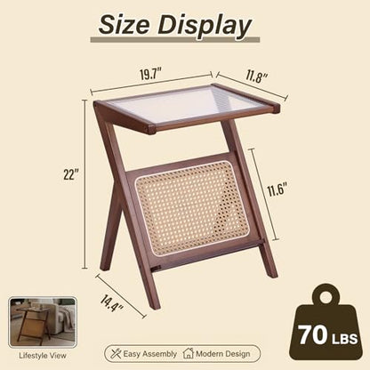Tiita Rattan Side Table, Mid Century Nightstand, Bamboo Accent Bedside Tables, Glass Coffee Tables, Boho Wooden End Table with Storage for Small Space, Living Room and Bedroom - color: Rattan-l-brown