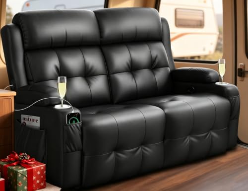 RV Loveseat Recliner Sofa, Wall Hugger Massage Reclining RV Couch with USB, Insert Pockets, Cup Holders, 150° RV Recliners Sleeper Sofas for RV Furniture & Travel Trailers & Home Theater Seating - color: Black, size: Loveseat-G1