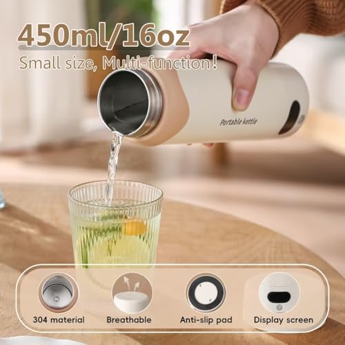Insulated Stainless Steel Electric Kettle Small, Smart Water Bottle with 4 temperature control, Leak-Proof, Mini Travel Essentials Portable Office Gifts for Tea Lovers, Cream
