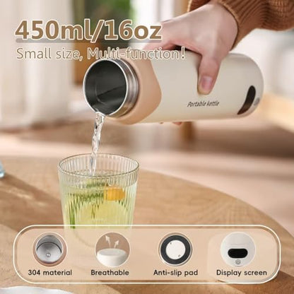 Insulated Stainless Steel Electric Kettle Small, Smart Water Bottle with 4 temperature control, Leak-Proof, Mini Travel Essentials Portable Office Gifts for Tea Lovers, Cream