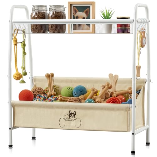 Zonon Large 2 Tier Dog Toy Organizer Basket Metal Pet Storage Bin with Collar Leash Holder Hook,Trapezoid Pet Toy Box for Food, Snacks & Accessories, Holder Chest for Dog & Cat Essential Supplies