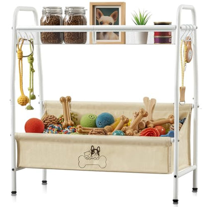 Zonon Large 2 Tier Dog Toy Organizer Basket Metal Pet Storage Bin with Collar Leash Holder Hook,Trapezoid Pet Toy Box for Food, Snacks & Accessories, Holder Chest for Dog & Cat Essential Supplies