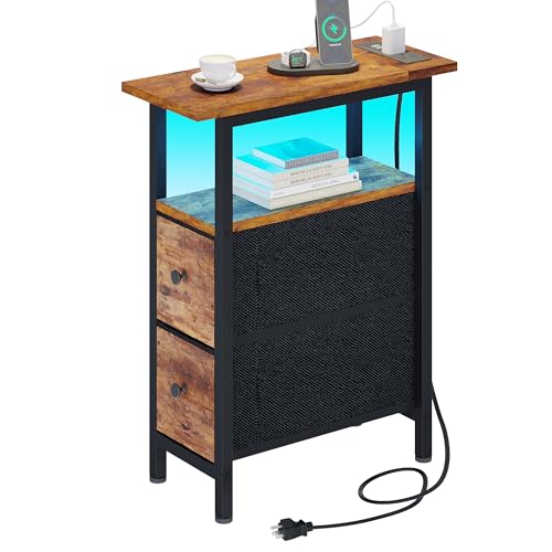 TRIFEBLE End Table with Charging Station, Narrow Side Table with 2 Fabric Drawers, Skinny Nightstand with LED Light, Slim Bedside Table for Bedroom, Living Room, Small Spaces, Rustic Brown - color: Rustic Brown