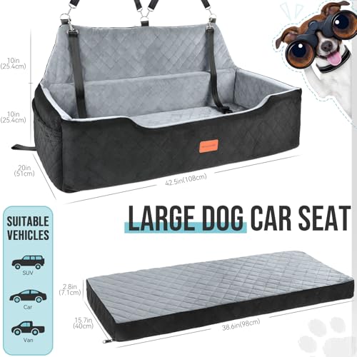 HEGGCOOE Large Dog Car Seat Under 100 lbs, Washable Dog Car Bed for 2 Medium Dogs, Detachable Pet Booster Seat with Storage Pocket and Seat Belt for Back Seat Dog Travel Bed - color: Black/Grey