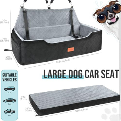 HEGGCOOE Large Dog Car Seat Under 100 lbs, Washable Dog Car Bed for 2 Medium Dogs, Detachable Pet Booster Seat with Storage Pocket and Seat Belt for Back Seat Dog Travel Bed - color: Black/Grey