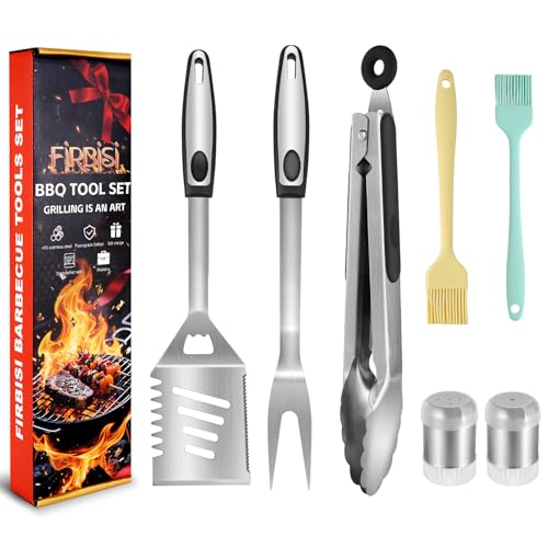 BBQ Grill Tool Set BBQ Grilling Accessories Set 8PC Barbecue Grill Tools Utensils Set for Outdoor with Spatula, Fork, Brush, Tongs, Seasoning Bottle Grilling Gifts for Men Dad - color: 8PCS Sliver Boxed