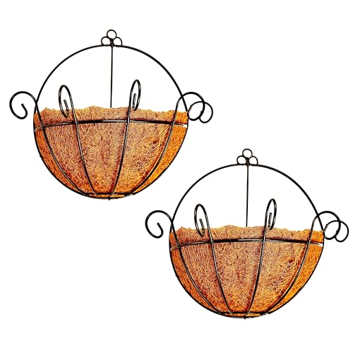 ShopLaLa Wall Hanging Planter for Outdoor Plants (12 Inch, 2 Pack) Wall Mounted Flower Baskets with Coco Liner for Outside Plant, Fence Railings Pots Holder Balcony Deck Porch Modern Garden Decor - size: 12" (30cm) x 2 Pack