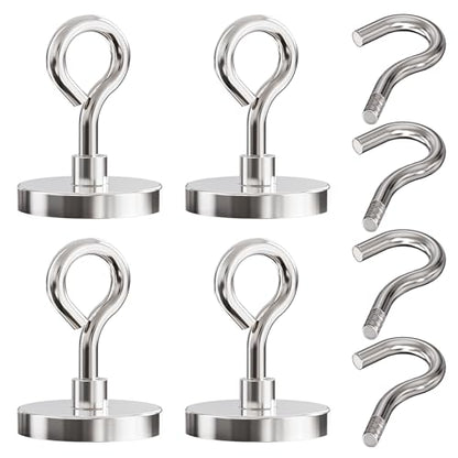 Neodymium Eyebolt & Magnet Hook Set, 200lbs Pulling Force Strong Fishing Magnets 1.65 Inch with Countersunk Hole Eyebolt for Fishing, Workplace, Home (Silver, Pack 4) - size: 4 Pack