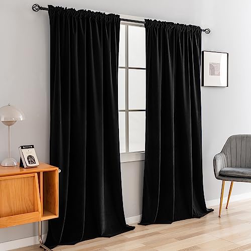 CUCRAF Black Velvet Blackout Curtains 96 inches Long, Thermal Insulated, Noise Reducing Rod Pocket Luxury Drapes for Bedroom Living Room(52x96 inches, 2 Panels) - color: Black, size: 52"W x 96"L (Pack of 2)