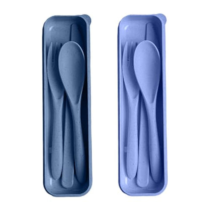 Travel Utensils with Case, Camping Utensils Wheat Straw Reusable Utensils Set With Case, Knife Fork and Spoon Utensil for Lunch Box (2 Pack) - color: Blue, Light Blue