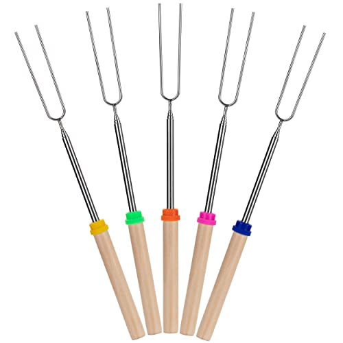 UNCO- Marshmallow Roasting Sticks, 32”, 5 Pack, Dark Brown | Wooden Handle, Extendable Stainless Steel Smores Sticks for Fire Pit, Smores Skewers, Campfire Cooking Equipment - color: Wood, size: 5 Pack